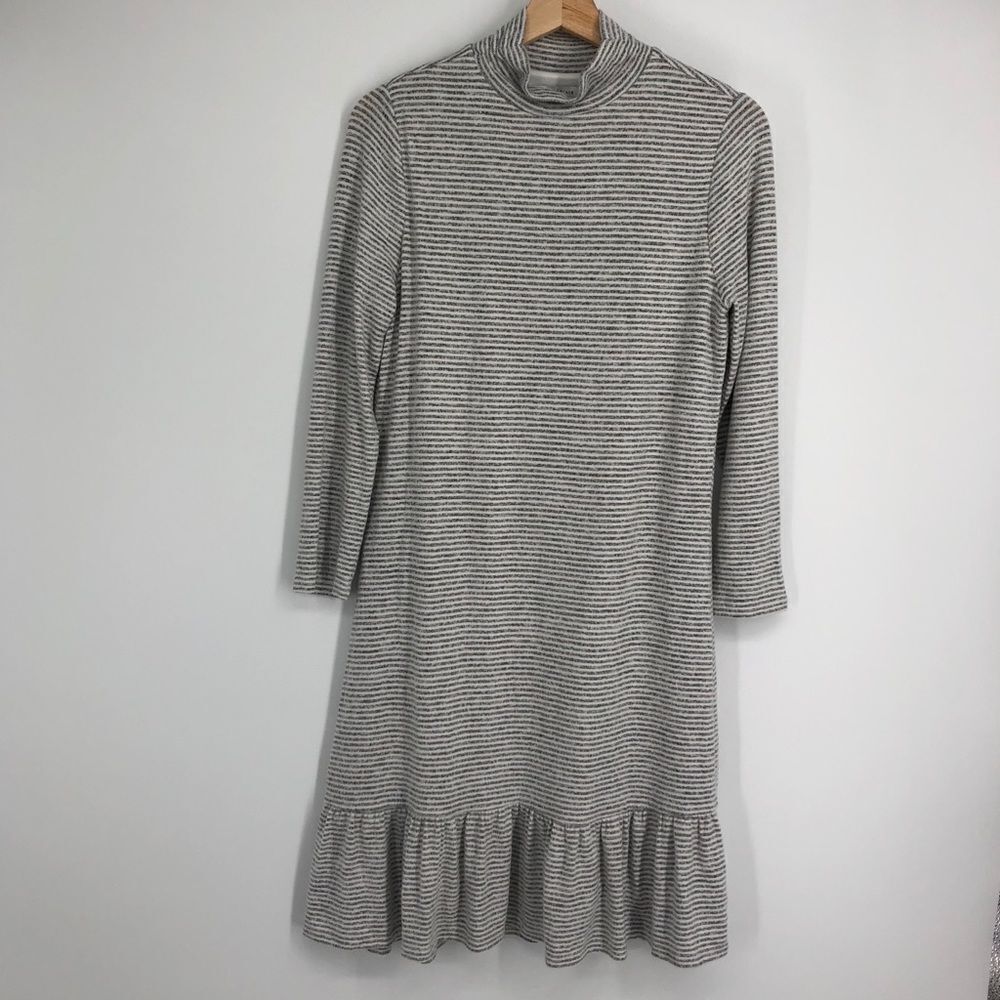 White House Black Market Womens Dress Size Small Gray Stripe Ruffle Hem Mockneck